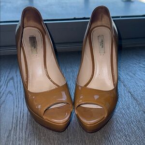 Prada Glossy Tan Peep-Toe Heels